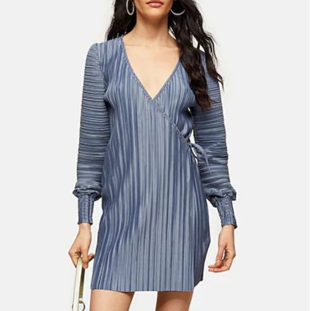 Topshop faux wrap pleated long sleeve cuff dress‎ A86